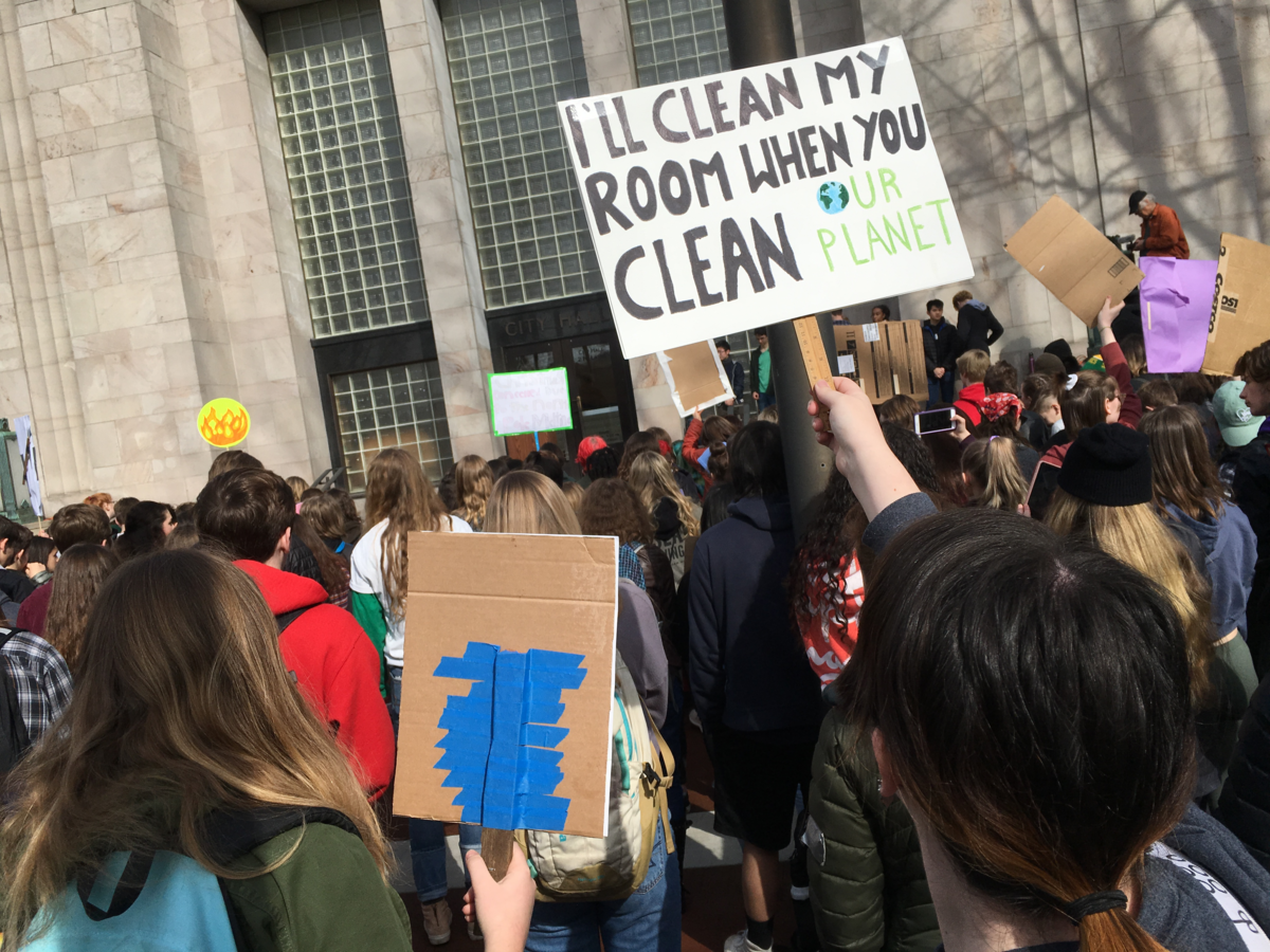 Several hundred Bellingham high school students rally Friday, March 15, 2019, at City Hall to protest government inaction on climate change. The Bellingham, Wash., event was part of a nationwide effort, Youth Climate Strike.