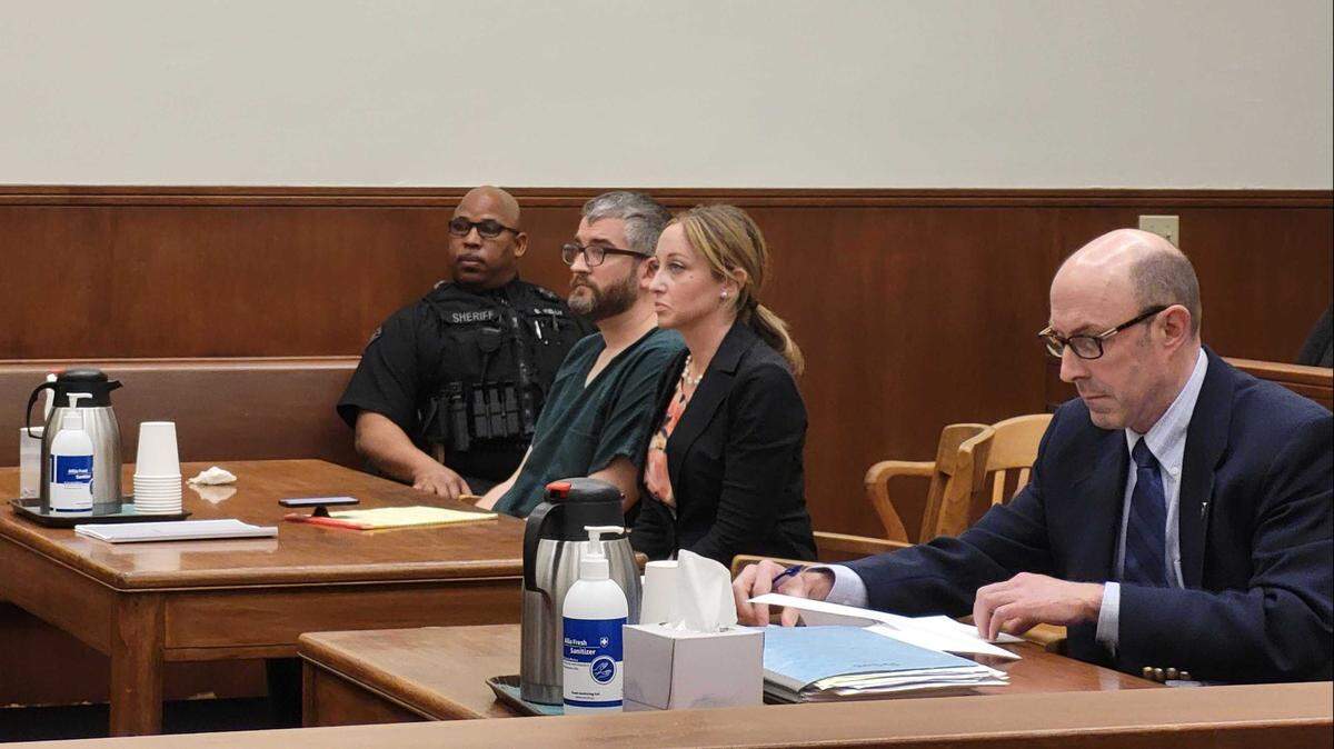 Martin Dylan Siergiey, 37 of Bellingham, second from left, is sentenced Wednesday, Jan. 18, in Whatcom County Superior Court in Bellingham to 12 years in prison after he pleaded guilty Jan. 9 to attempted second-degree murder and drive-by shooting, both felonies. At Siergiey’s right are defense attorney Emily Beschen and Eric Richey, Whatcom County Prosecuting Attorney.