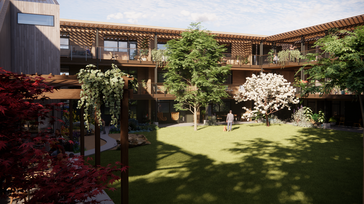 A rendering shows a courtyard view of the proposed design for 4th Corner Commons.