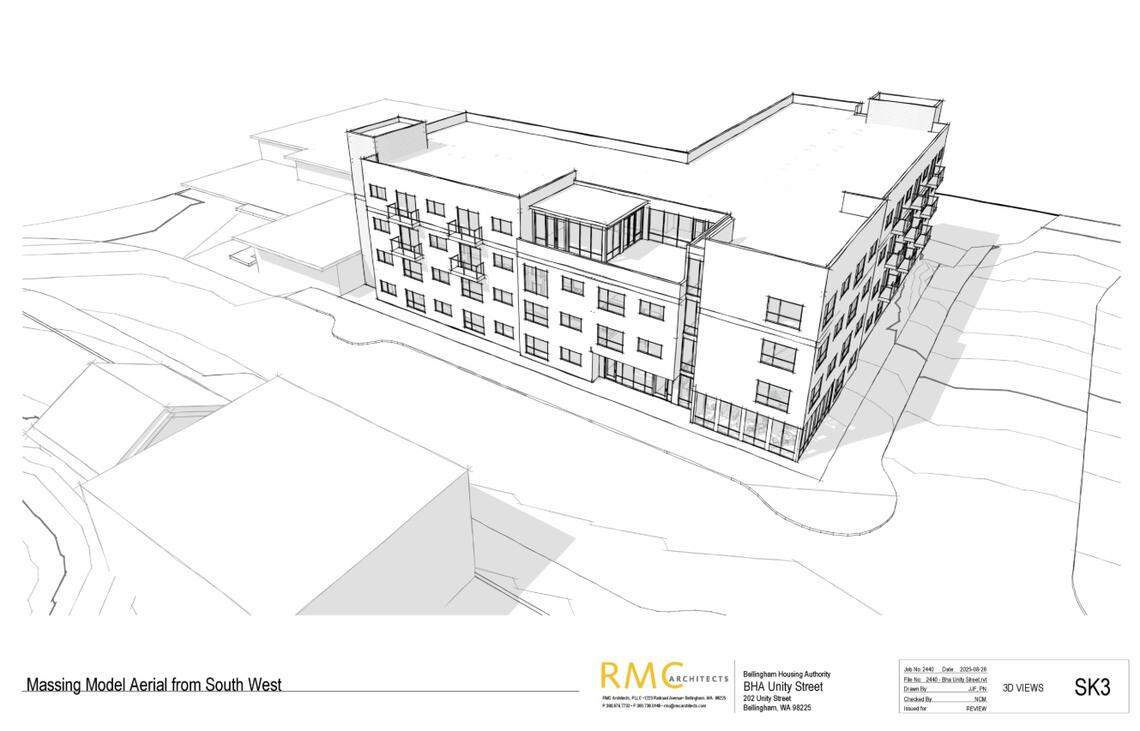 A sketch shows the proposed design of the Unity Street Redevelopment affordable housing project in Bellingham. The $30 million project is expected to get underway in 2026.