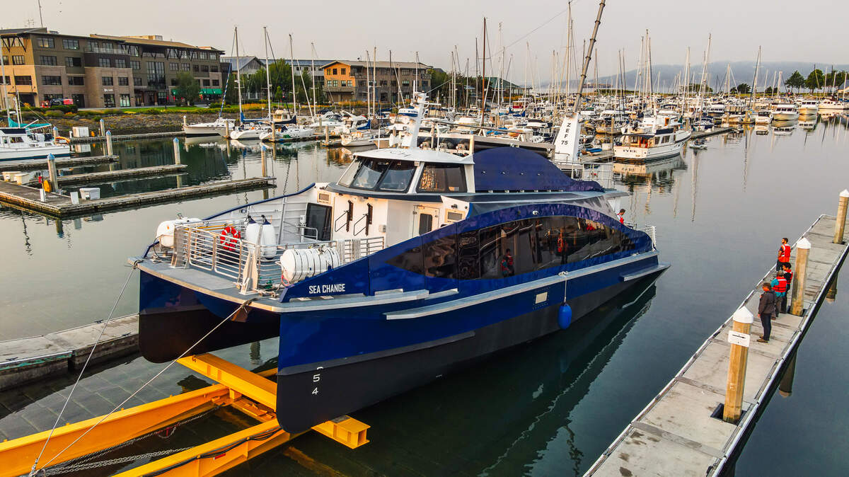The Sea Change, a 70-foot-long ferry that can hold 75 passengers, is launched Thursday, Aug. 12, in Bellingham Bay. It was built by Bellingham-based shipbuilder All American Marine and investment company SWITCH Maritime.