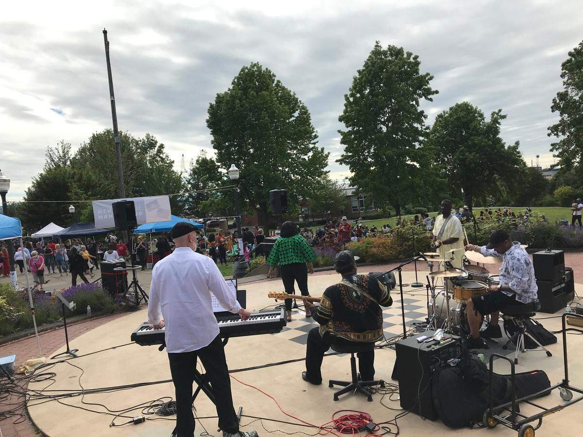 Miz Floes and the Jazzy Sol Band perform during the Juneteenth celebration Saturday afternoon, June 19, 2021, at Maritime Heritage Park in Bellingham, Wash.