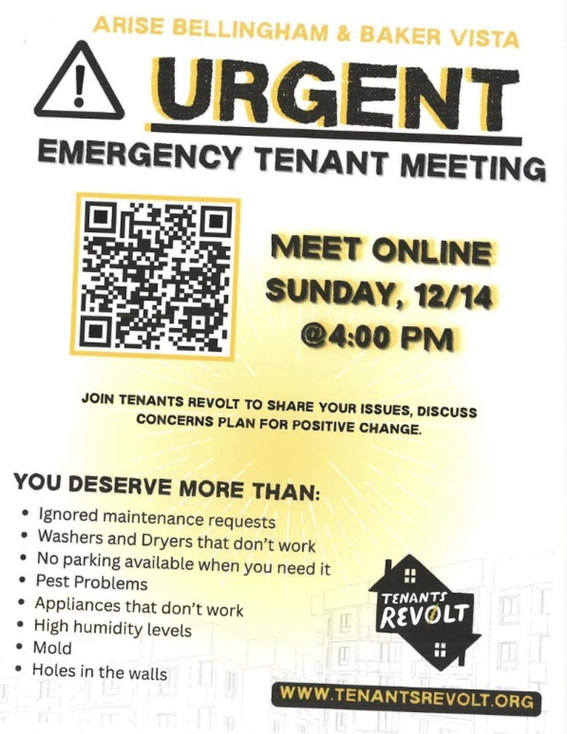 A Tenants Revolt organizing poster invited residents of the Arise Bellingham Apartments to join the advocacy group for an “emergency tenant meeting” on Dec. 14, 2025, where attendees could share their habitability concerns and “plan for positive change.” Property maintenance staff unlawfully removed copies of these posters from common areas around the apartment complex.