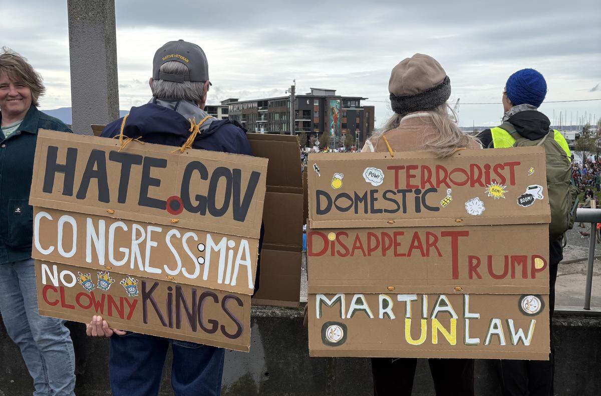 Joe Salazar and Claudia Fischer at Bellingham’s No Kings rally March 28, 2026.