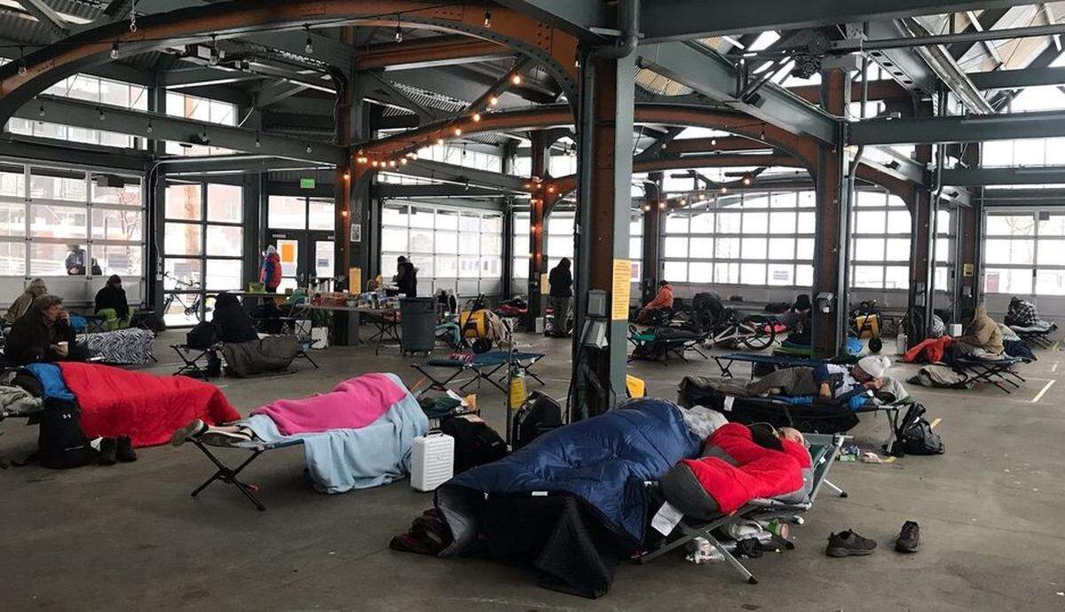 About 100 people were sheltered Feb. 9-16, 2021, at an emergency warming site at Depot Market Square in Bellingham.