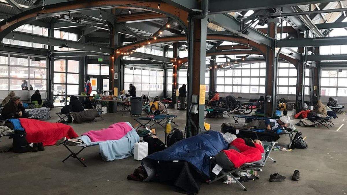 About 100 people were sheltered Feb. 9-16, 2021, at an emergency warming site at Depot Market Square in Bellingham, Wash.