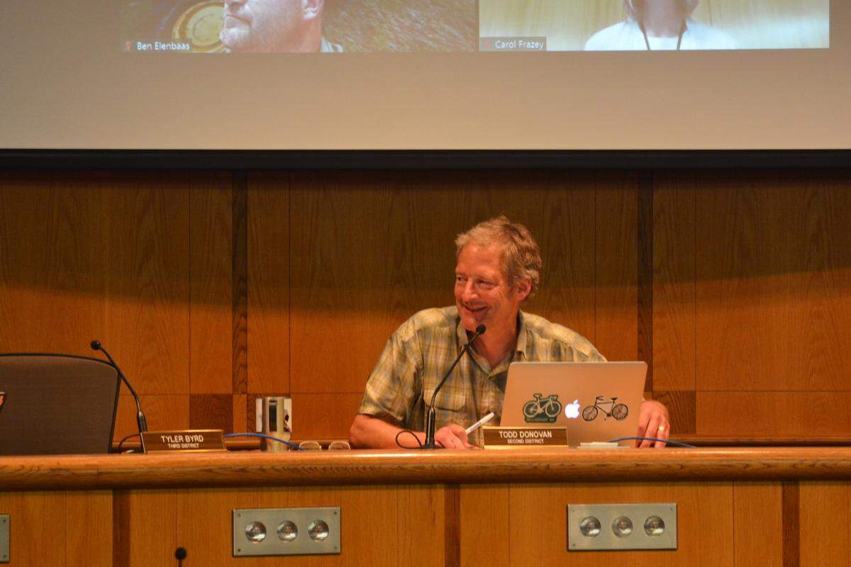 Whatcom County Councilman Todd Donovan is shown on the council dias in chambers at the Whatcom County Courthouse in July 2022.