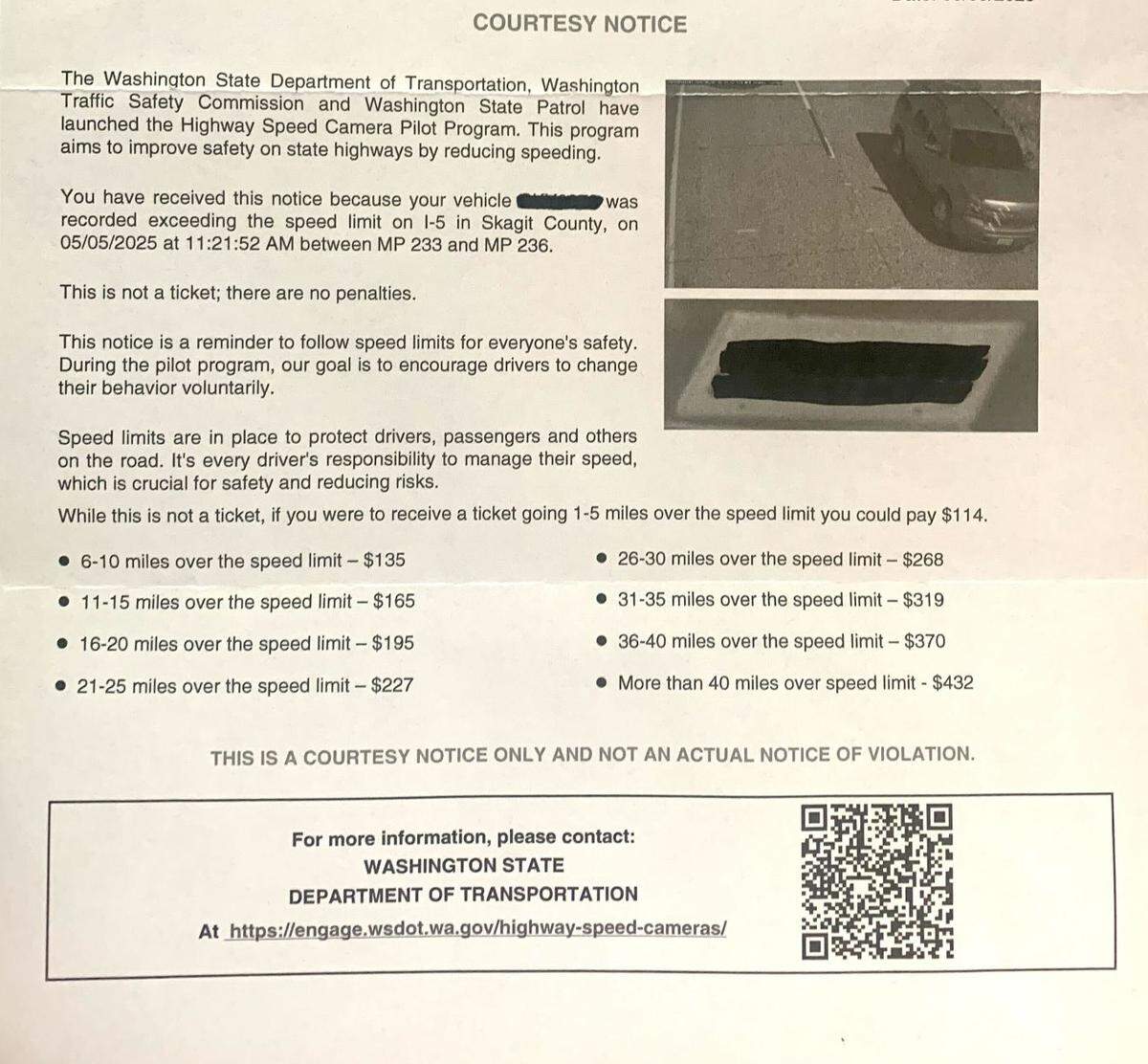 An example of a “courtesy notice” sent by Washington state agencies to drivers photographed going above the speed limit by cameras as part of a new pilot program. These notices don’t carry a fine or a warning and aren’t reported to insurance companies.