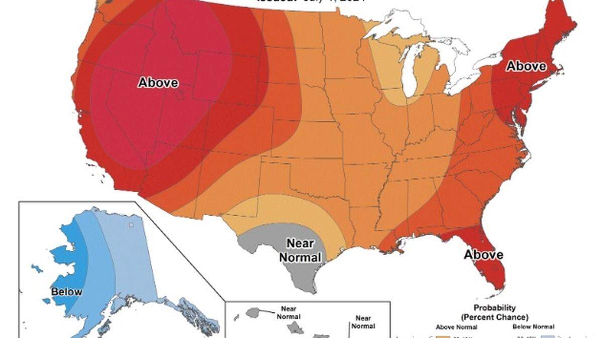 A map from the National Oceanic and Atmospheric Administration’s Climate Prediction Center shows the potential for extreme heat over the Northwest for the next two weeks.