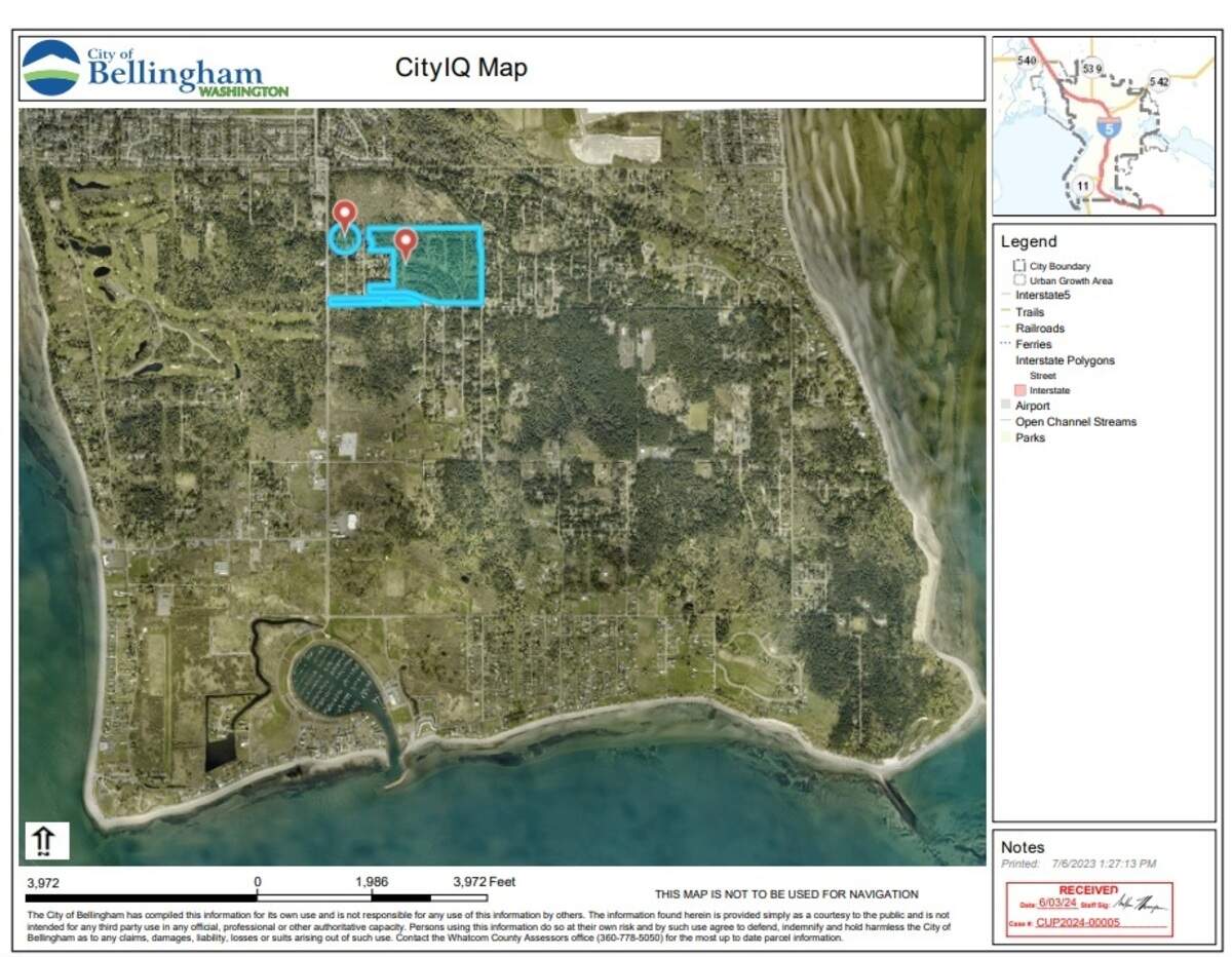 A map shows the location of the proposed Nielsen Campground in Point Roberts. It’s about 1 mile west of the beaches at Boundary Bay and about a mile and a half from the waters of the Salish Sea/Strait of Georgia.