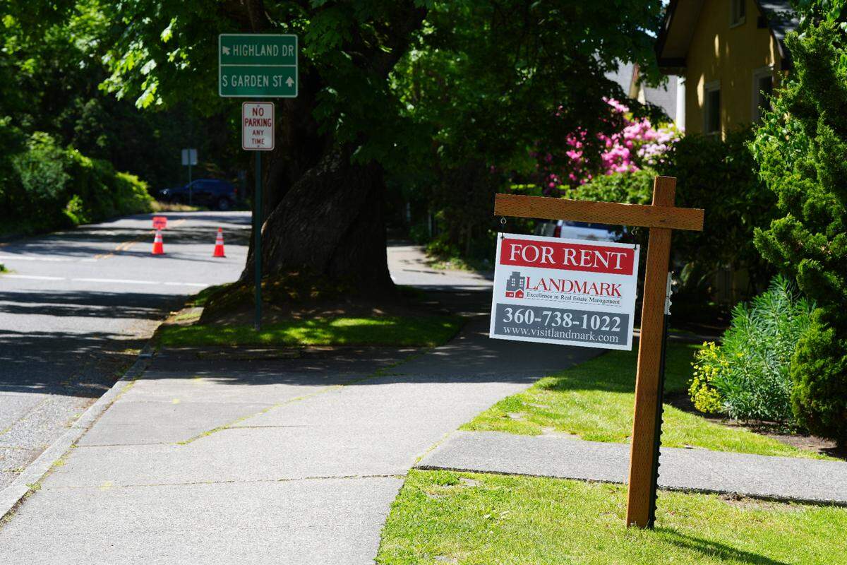 A Landmark rental property has a ‘For Rent’ sign posted outside on May 21, 2025, in Bellingham, Wash.