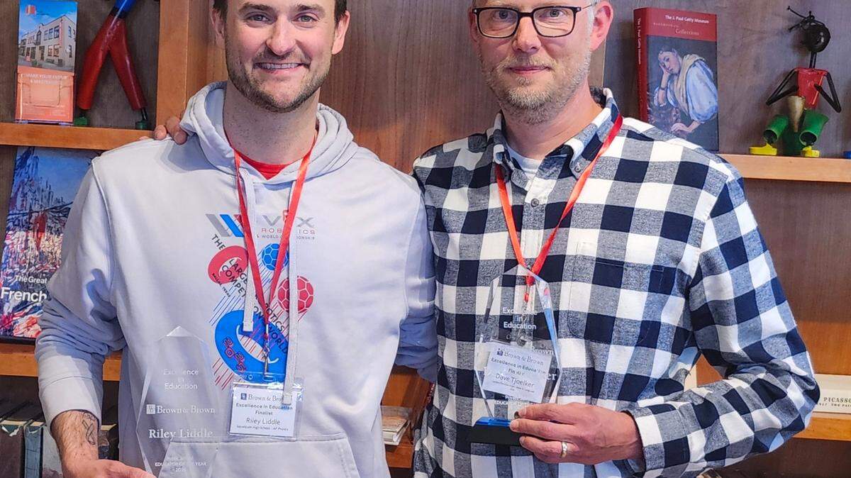 Squalicum High School teacher Riley Liddle (left) and Lynden Christian High School teacher David Tjoelker were honored with Educator of the Year awards and $5,000 prizes from the Brown & Brown Excellence in Education Award Program.