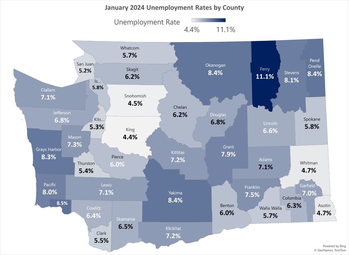 January 2024 Unemployment rates by county