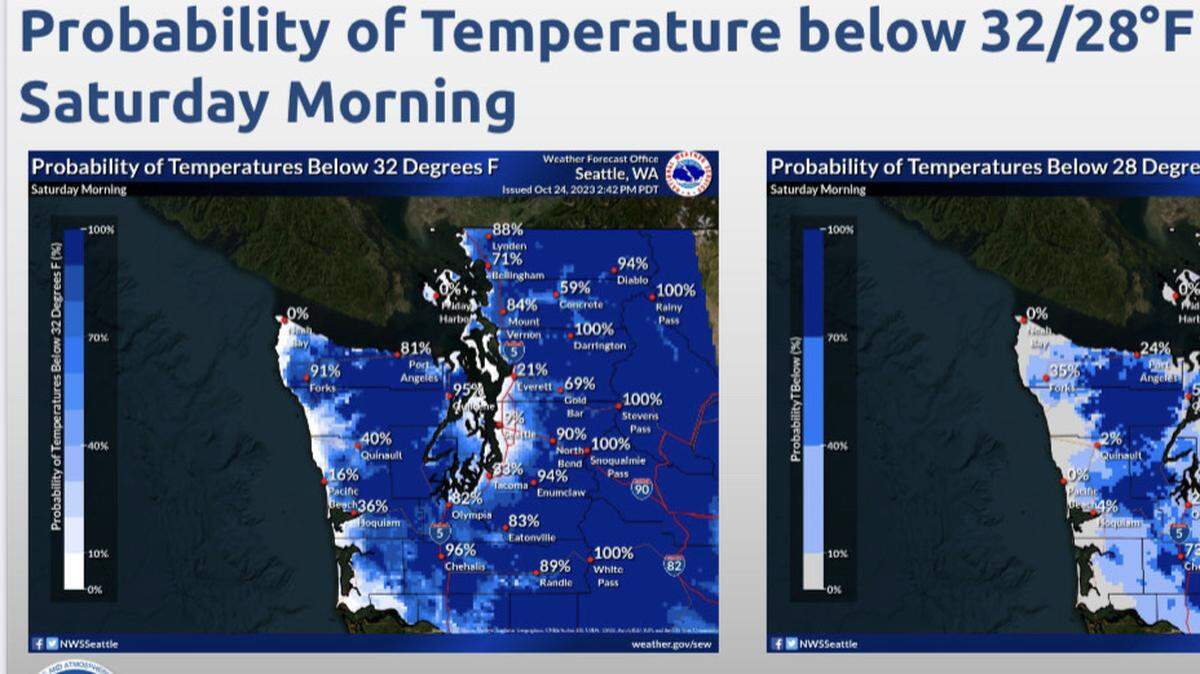 A National Weather Service graphic shows possible low temperatures in Whatcom County on Saturday, Oct. 28, 2023.