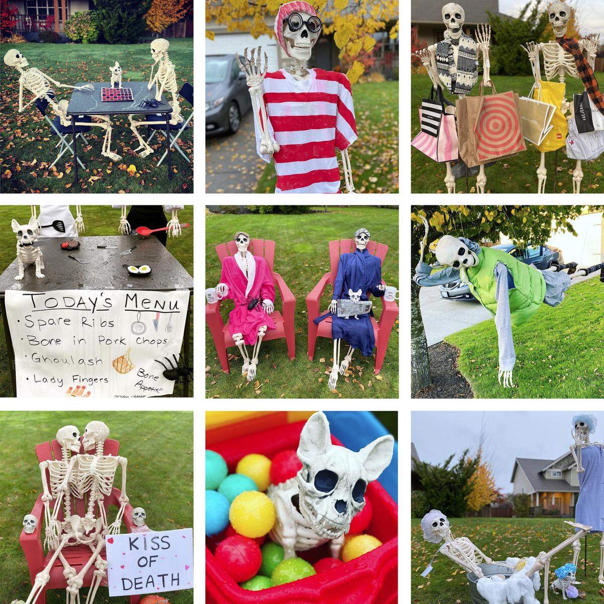 Ferndale, Wash., resident Stefani Colglazier has used a trio of skeletons to create an ever-changing Halloween display in the front yard of her home during October. She has named them Mr. and Mrs. Bonehead. The dog is Fluffy.