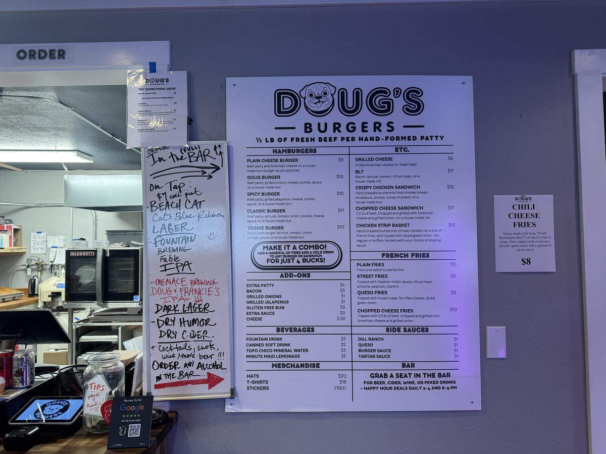 The menu at Doug’s Burgers at 2527 Meridian St. in Bellingham, Wash. on March 11, 2026.
