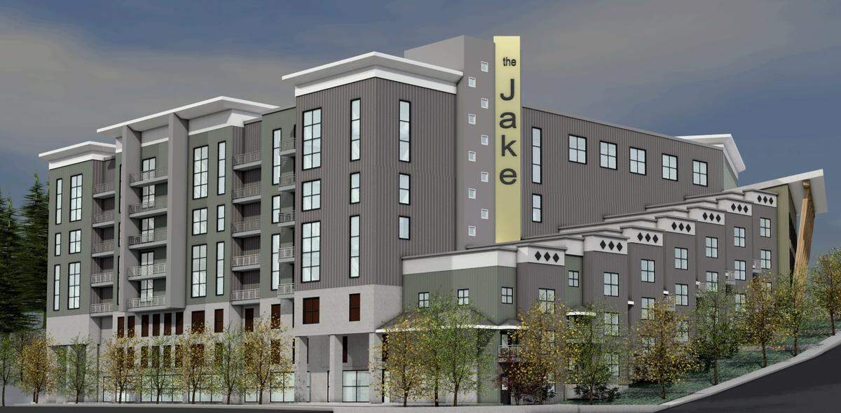A rendering shows the design of ‘The Jake,’ one of three buildings in the Elwood Edge luxury apartment development on Elwood Avenue in Bellingham, Wash. The color scheme of the building is expected to change to work well with a mural that will be painted on the side of the building.