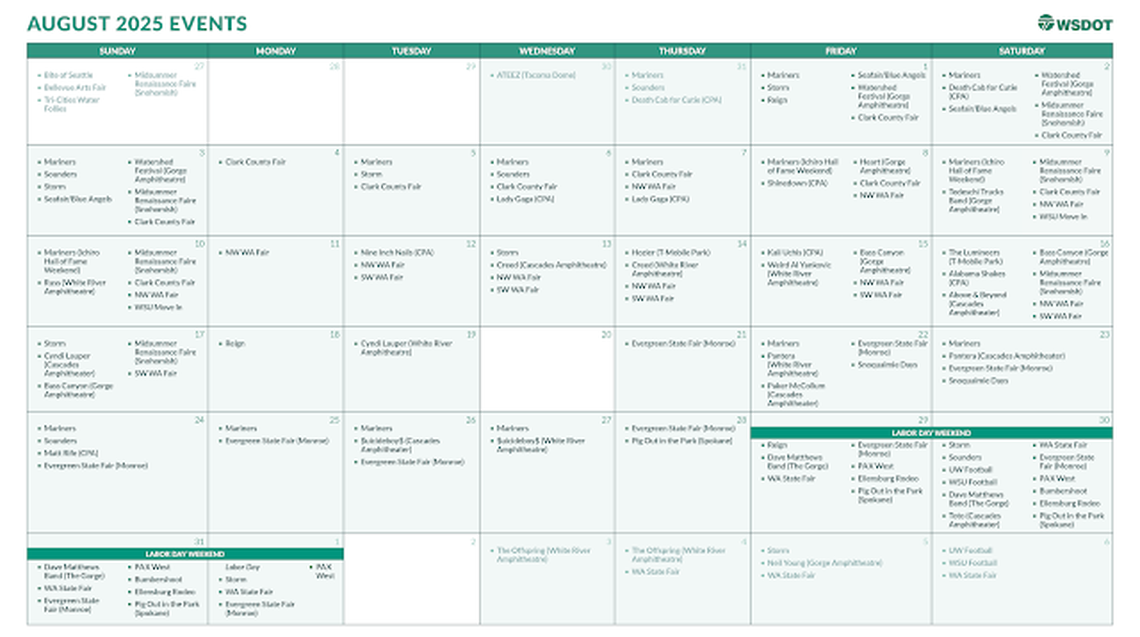 The Washington State Department of Transportation published a calendar of notable events in August that could see additional traffic due to summer highway repairs.