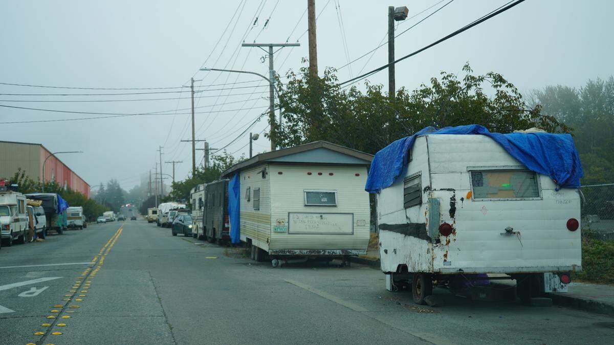Trailers and RVs line Cornwall Avenue in Bellingham in 2022.