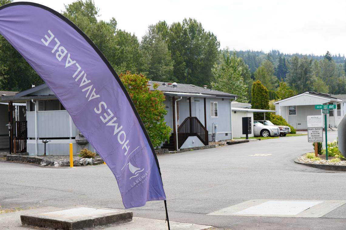 A flag indicates there are “Homes Available” for sale at Lakeway Estates. Residents say homes in the community have not been selling for market rate due to an increase in lot rent..