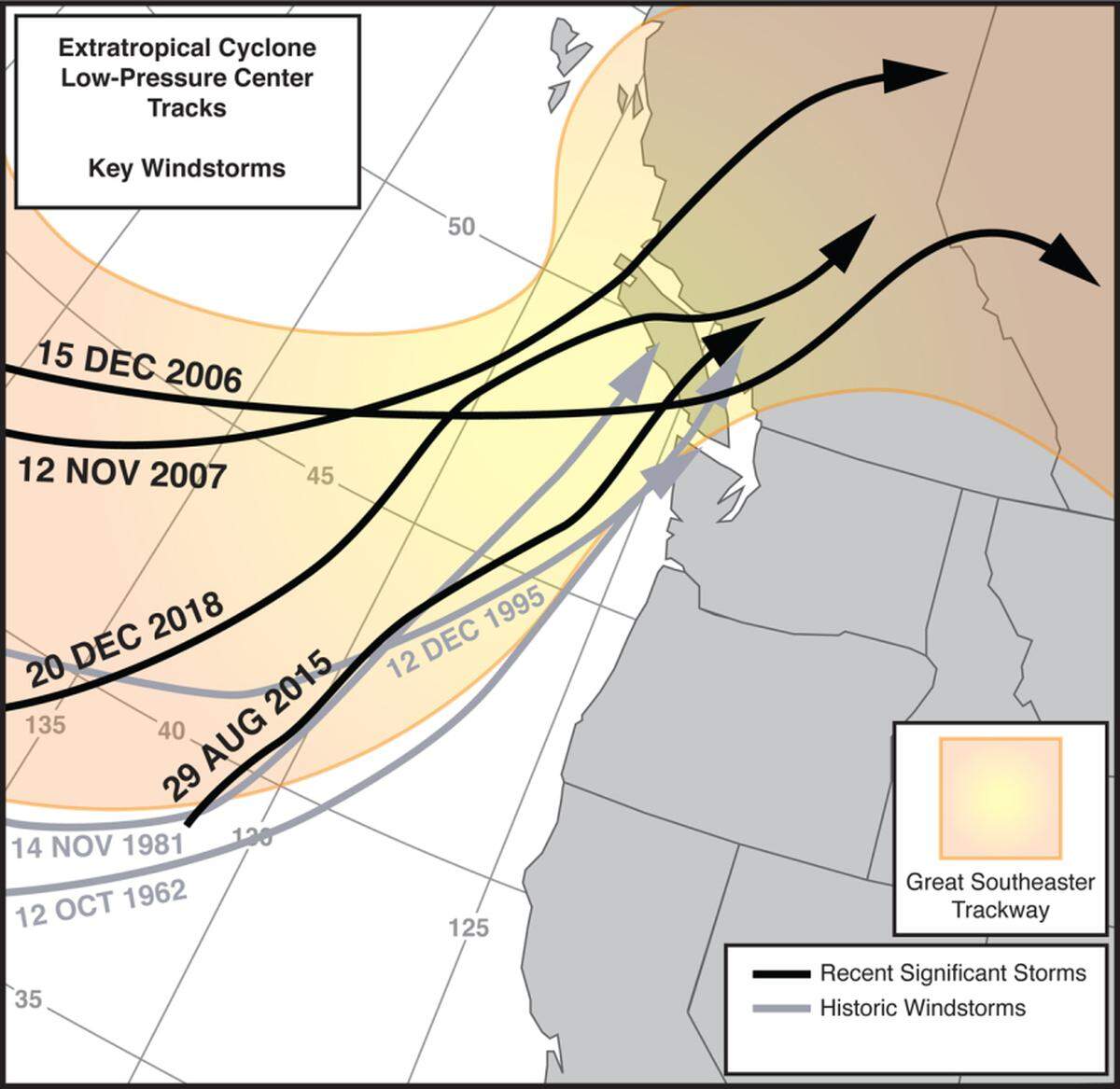 Wolf Read’s graphic shows the path of several destructive windstorms that have hit the Northwest over the past half-century.