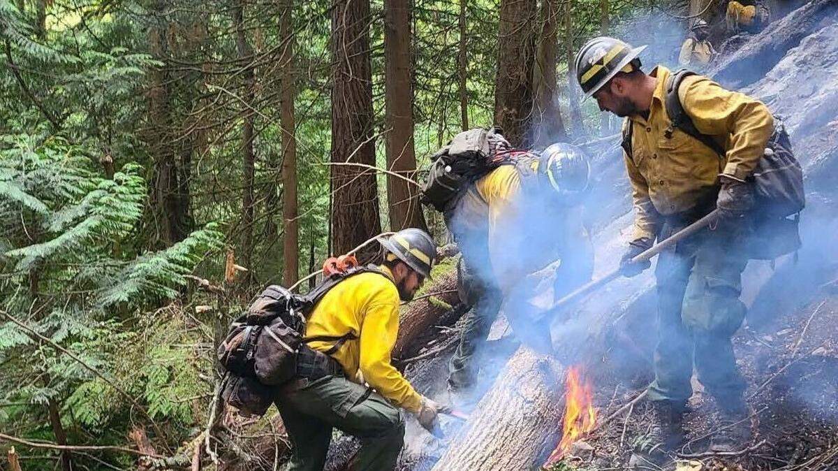 Firefighters from Arden Solutions Inc., a private wildland firefighting crew based in Oregon, work on a steep slope above Lake Whatcom to encircle the fire that was threatening homes on Blue Canyon Road last week.
