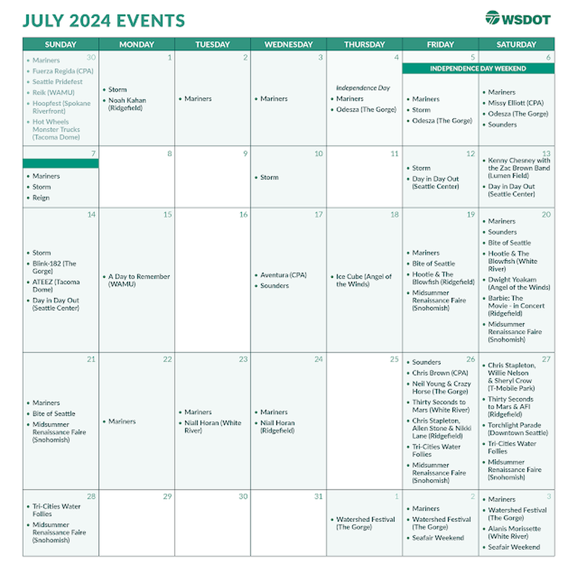 WSDOT maintains a calendar of events expected to impact traffic in Washington this summer.