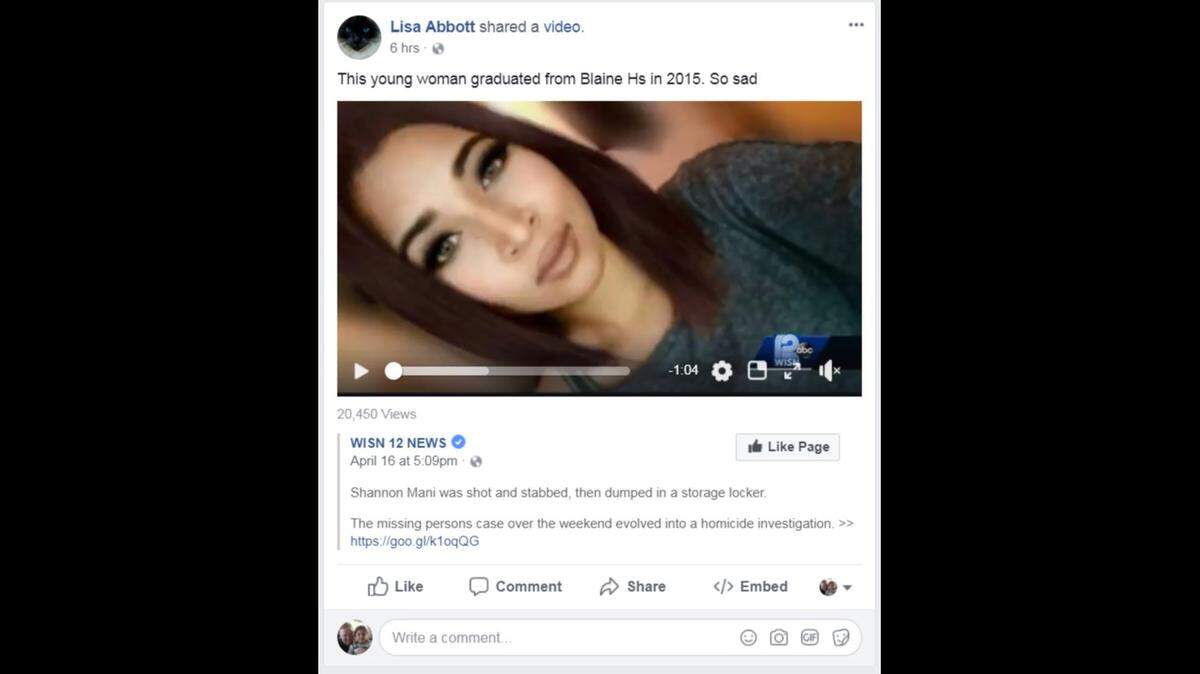 A number of Facebook posts remember 21-year-old Shannon Mani, who graduated from Blaine High School in 2015.  Mani has been found murdered in Wisconsin.