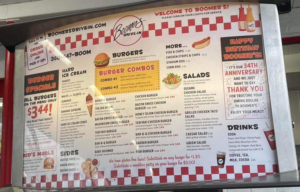 Boomers Drive-In on Friday, Jan. 6, 2023, in Bellingham, Wash., is offering discounted burger prices to celebrate its 34th anniversary.