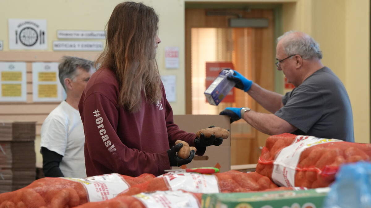 Volunteers package boxes with staple food items at the Bellingham Food Bank in 2025.