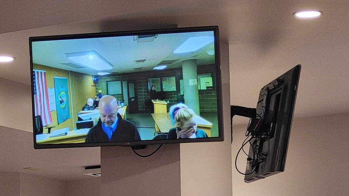 Melissa Welch (right), makes her first appearance in Whatcom County Superior Court Thursday, April 13, 2023. Welch, along with Cody Curtis Craig and Michael Wayne Doane, are each charged with first-degree murder for the March 8 fentanyl death of a 5-year-old Ferndale girl.