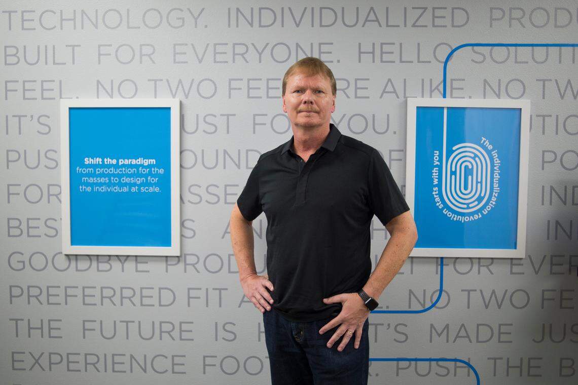 John Rauvola, CEO of Superfeet Worldwide Inc. and Flowbuilt Manufacturing, inside the Flowbuilt manufacturing facility on Friday, May 25, 2018, in Ferndale, Wash. The company has entered the custom shoe manufacturing market.