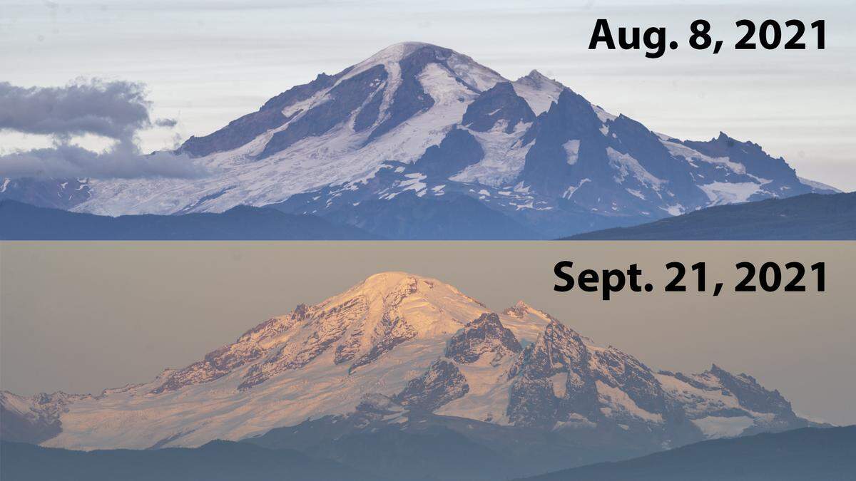 Two photos show the variation in the snow at Mount Baker following last weekend’s storm.