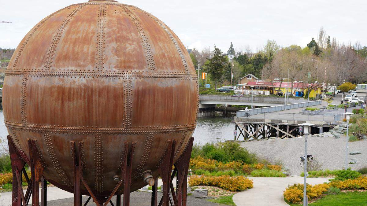 Bellingham’s iconic acid ball stands at Waypoint Park.