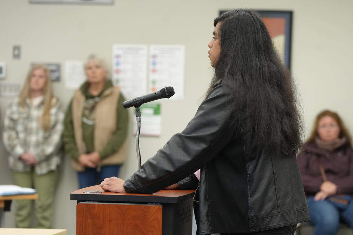 Former Lynden High School student and trans rights activist Devin Luna addresses the Lynden School Board on Thursday, May 15.