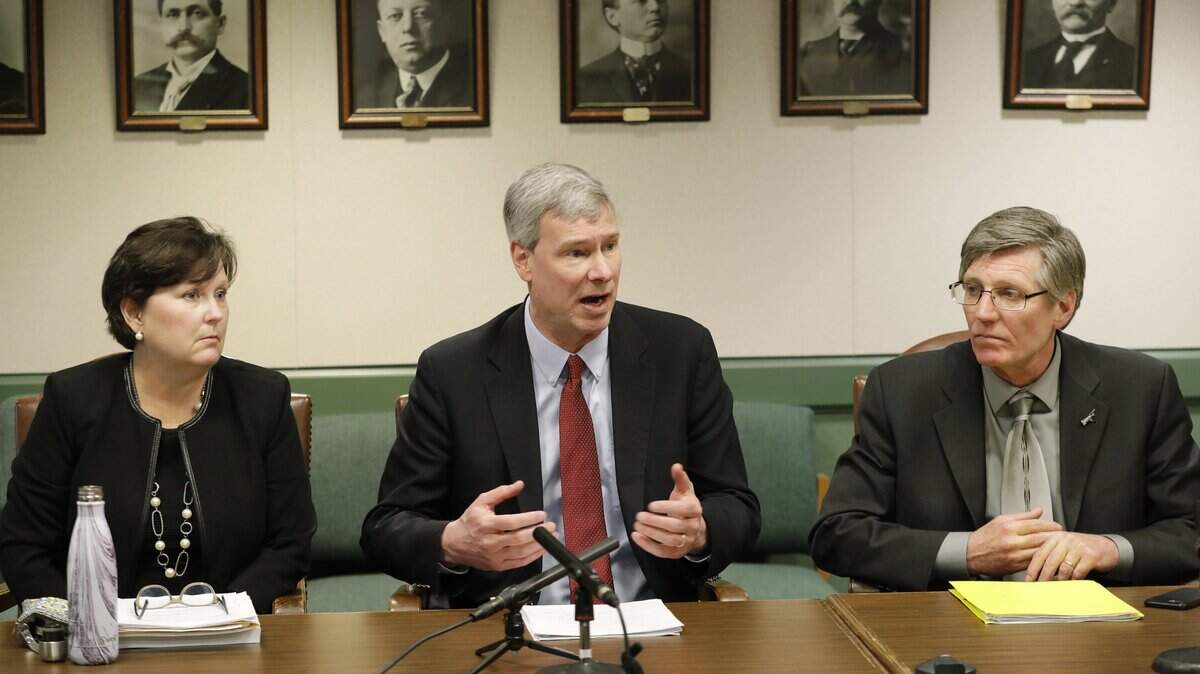 Rep. Kristine Lytton, left, D-Anacortes, from left, joined House Majority Leader Pat Sullivan, D-Covington, and Rep. Timm Ormsby, D-Spokane, to discuss the House Democrats' proposed supplemental budget Feb. 20, 2018 in Olympia, Wash.  Lytton announced Wednesday she is retiring to spend more time with her family.