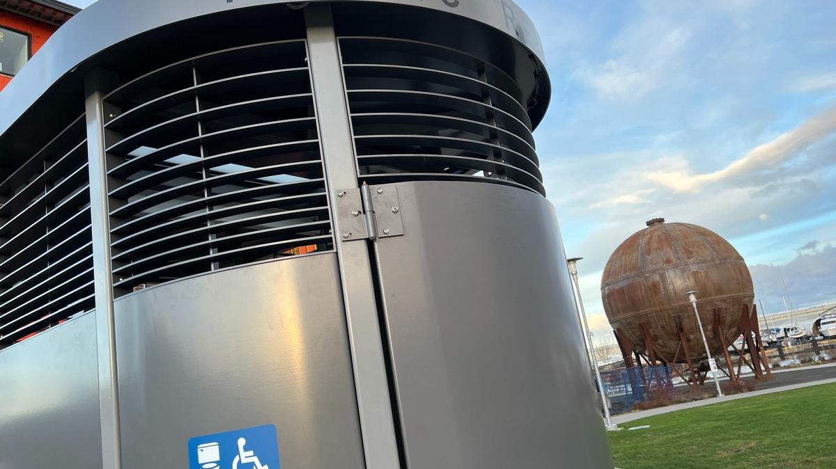 A Portland Loo is seen installed on Monday, Feb. 26, 2024, at Waypoint Park in downtown Bellingham, Wash. It’s the first of three planned public restrooms in the downtown core.
