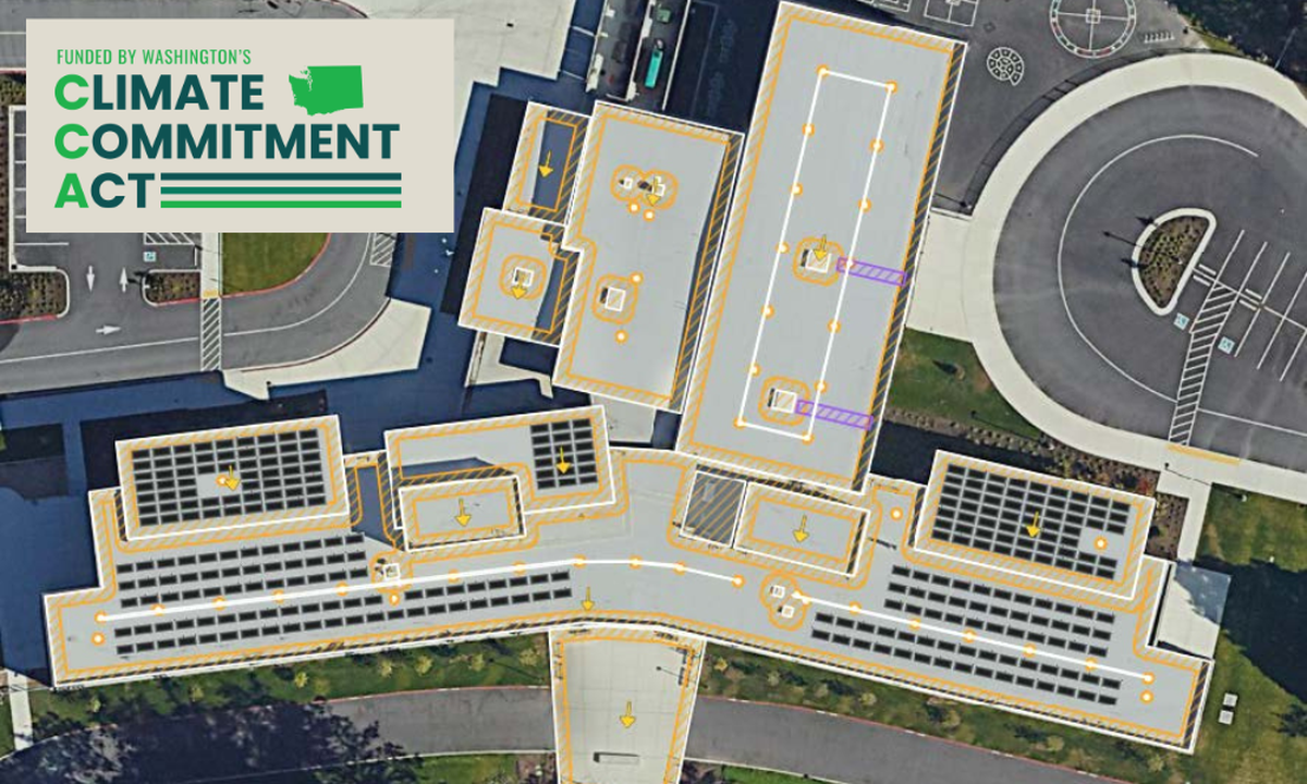 A rendering shows the proposed plans for a solar array installation on the roof of Alderwood Elementary School in Bellingham.