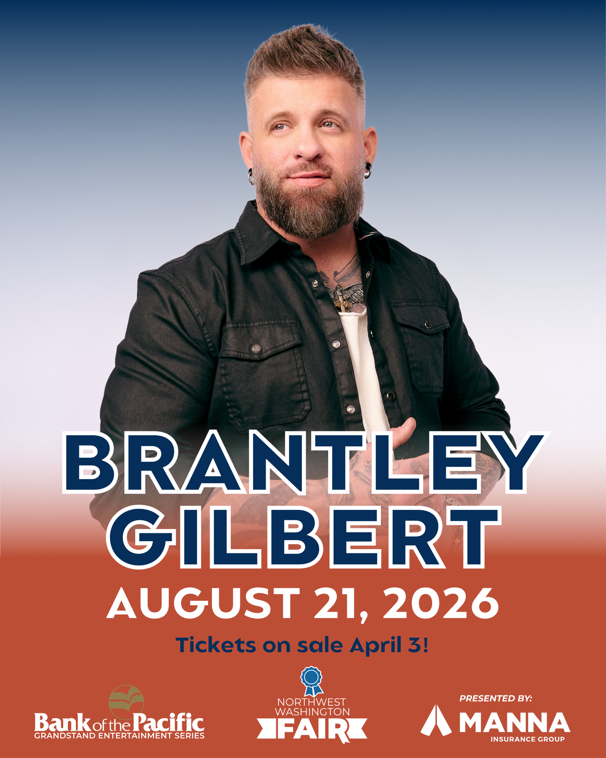 Brantley Gilbert will perform Aug. 21, 2026 at the Northwest Washington Fair in Lynden, Wash.