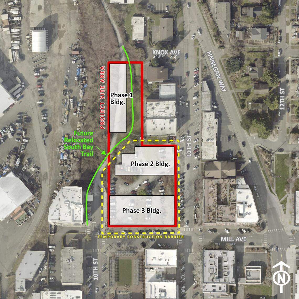 A map shows the location of planned building at the new Fairhaven Center and the new location of the South Bay Trail from Douglas Avenue to Mill Avenue.
