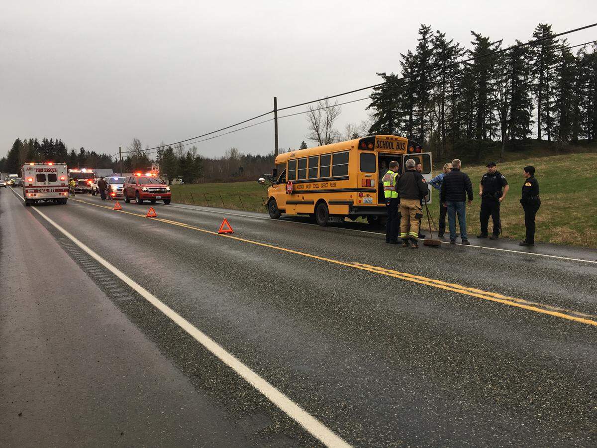 A Nooksack Valley School District school bus was involved in a crash with a van on Everson Goshen Road Tuesday in Whatcom County. Injuries are believed to be minor.