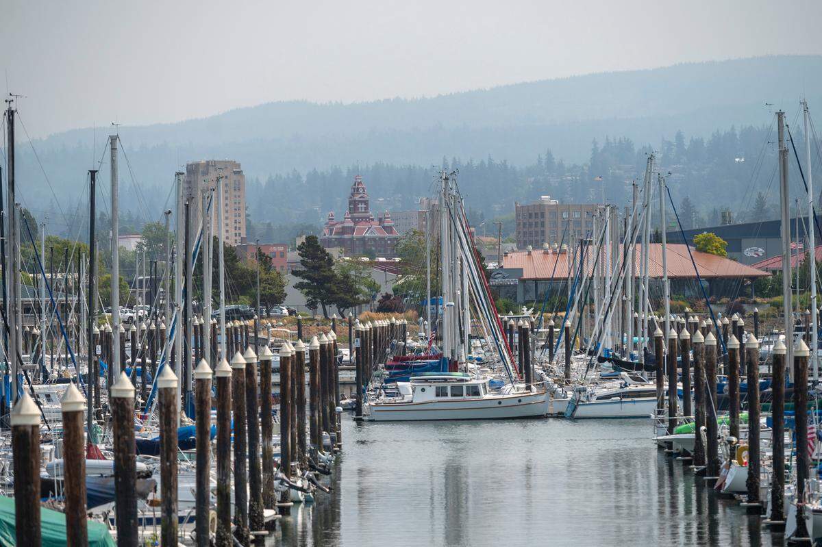 Old City Hall overlooks a smoky Bellingham Bay on Thursday, Aug. 12.