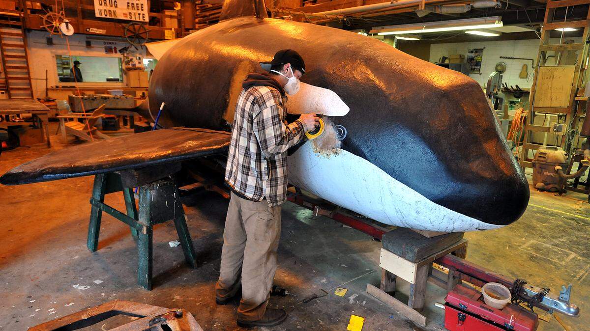 John London, 16, sands down a patch of fiber glass on an orca that Homeport Learning Center repaired in 2011. The life-size orca mannequin used to stand outside Nicki's Restaurant in Squalicum Harbor and now has a new home on Orcas Island outside the office of Outer Island Excursions and Orcas W.I.L.D.