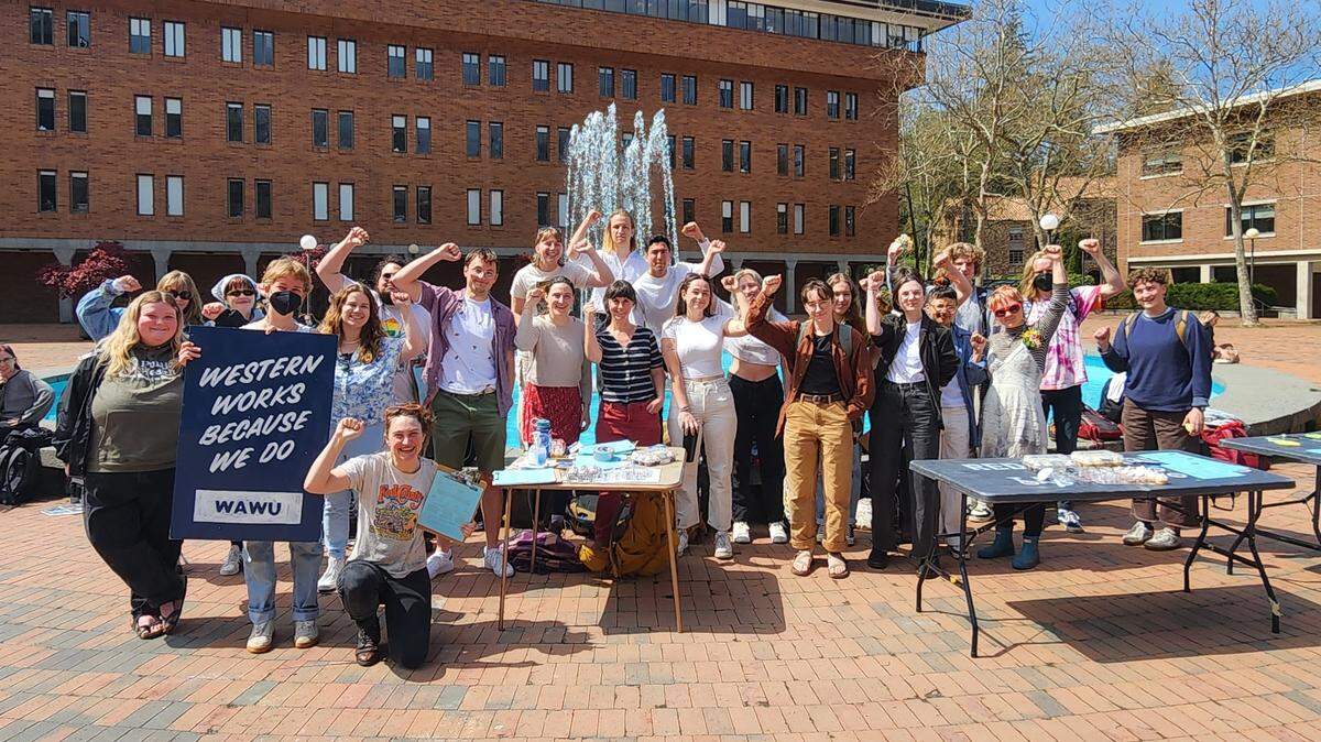 Operational student employees rally at Western Washington University’s Red Square in support of their union on May 2, 2023, in Bellingham, Wash.
