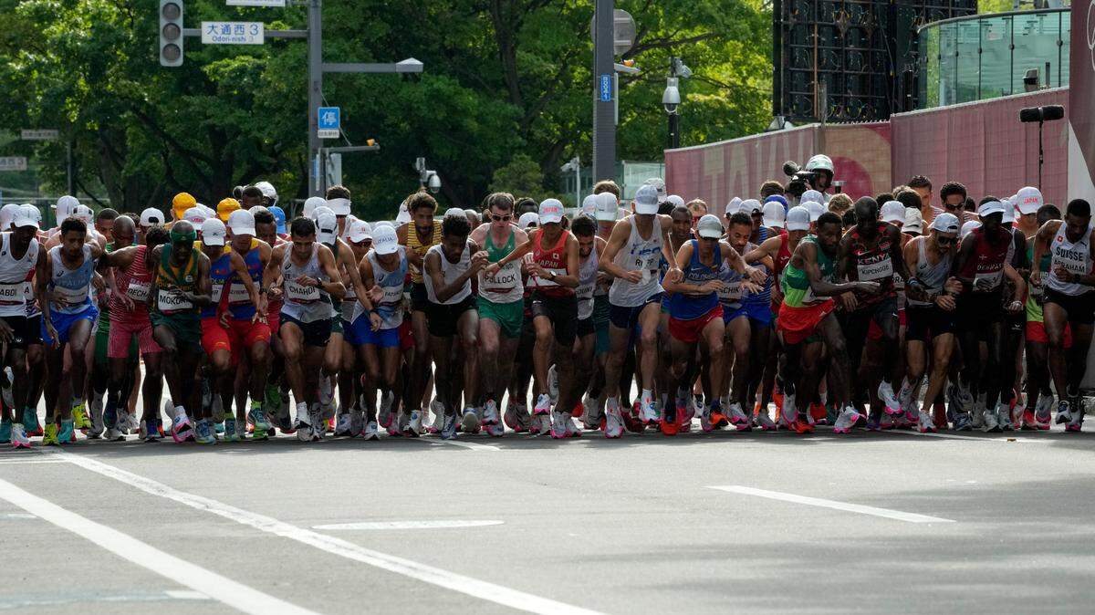 Runners start the men’s marathon at the 2020 Summer Olympics, Sunday, Aug. 8, in Sapporo, Japan. Bellingham-born runner Jake Riley finished 29th in the race.