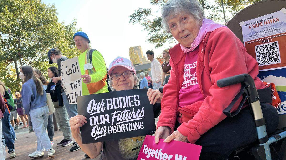 Julie Guy, 96, said she had an abortion in the 1950s because she and her husband thought it wasn’t the right time. “It was totally illegal,” she said. She was one of the about 500 people who joined an event held by Indivisible Bellingham Saturday, Oct. 8, in front of City Hall that coincided with Women’s March for reproductive rights rallies across the nation.
