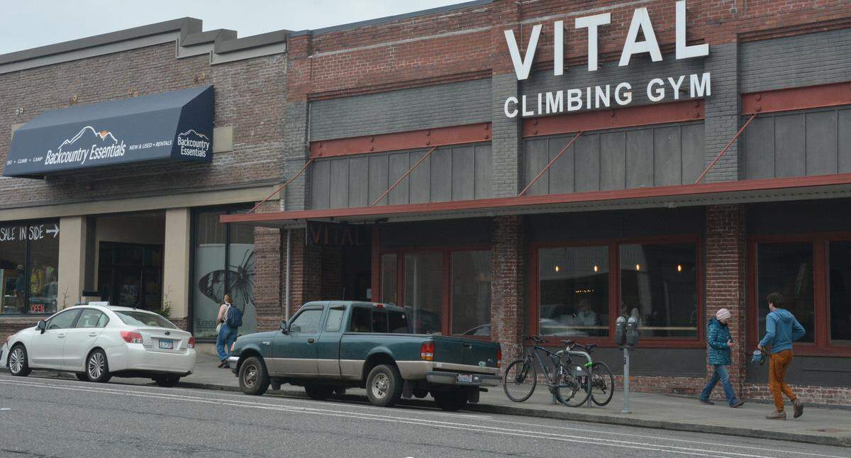 Vital climbing gym and Backcountry Essentials on North State Street, shown on Wednesday, April 22 were among the businesses praised for innovation in a recent report on downtown retail vacancies in downtown Bellingham, Wash.