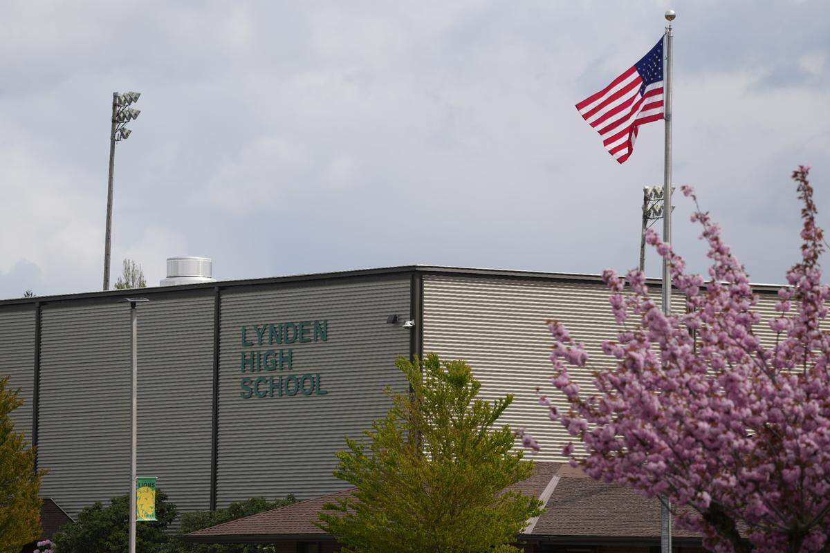 An American flag is displayed at Lynden High School on April 21, 2025, in Lynden, Wash.