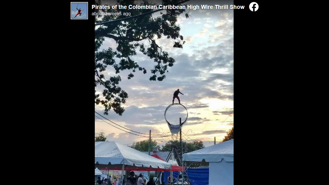 “Captain Murcia” on the “Wheel of Death” at an earlier show. Walter Murcia fell from the wheel while performing at the Norwalk Oyster Festival, police say.