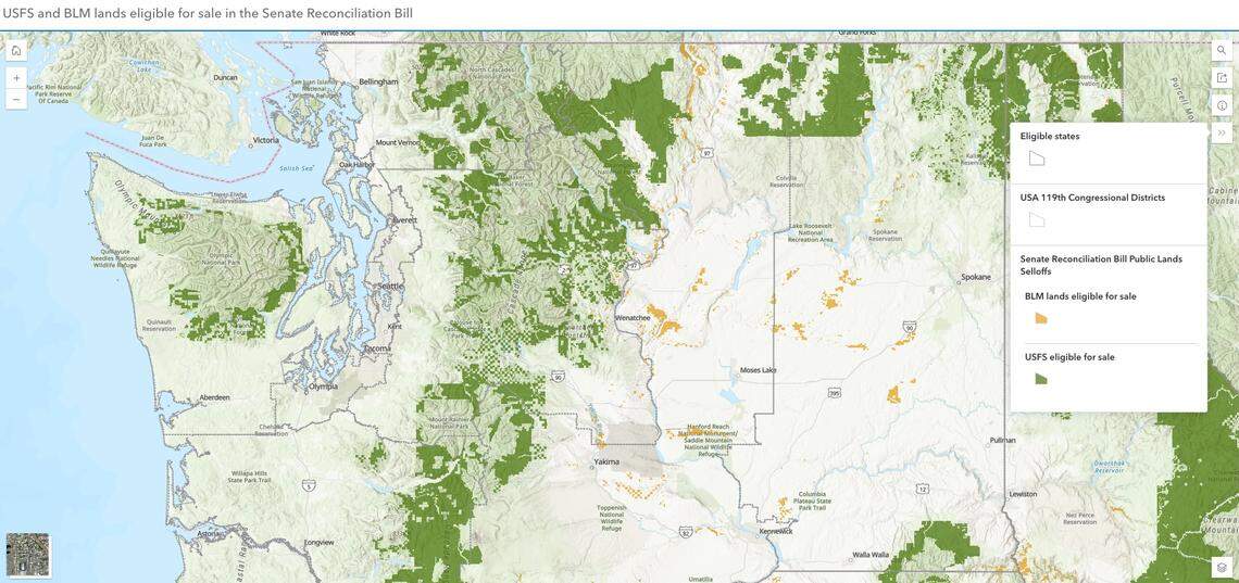 A map produced by The Wilderness Society shows the public land that would be eligible for sale.